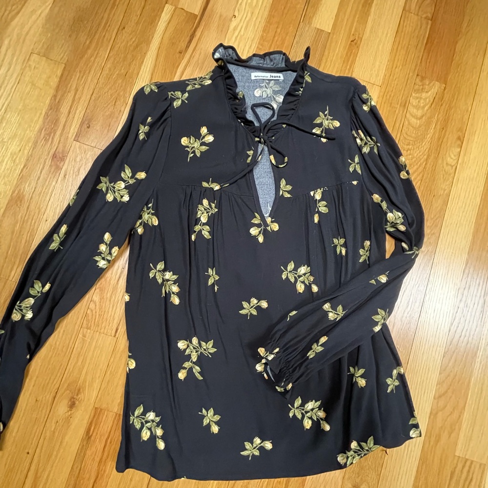 Reformation, ruffle tie-neck blouse, black /yellow floral print, size S